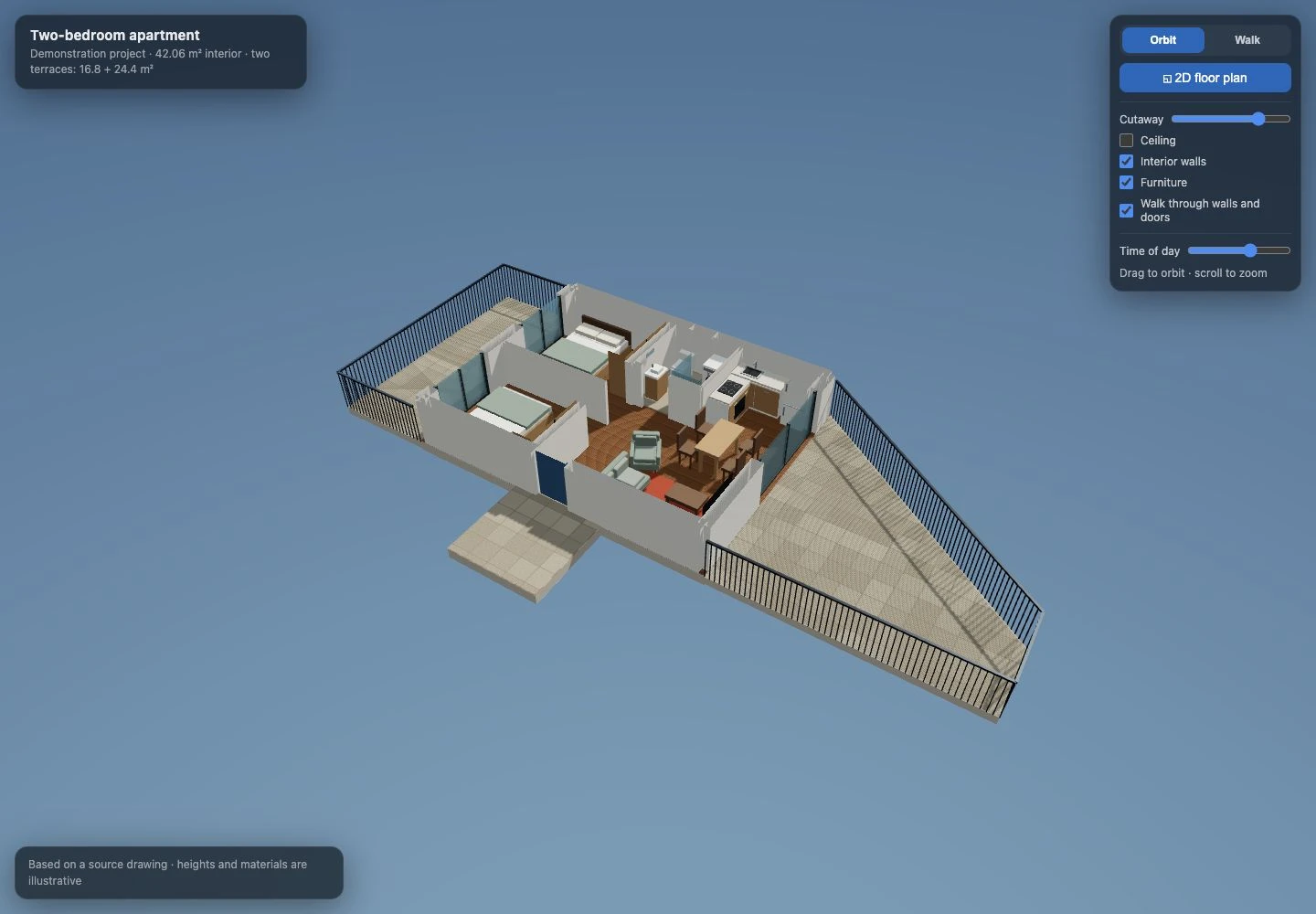 Planwalk apartment model with two bedrooms, an open living area and two terraces