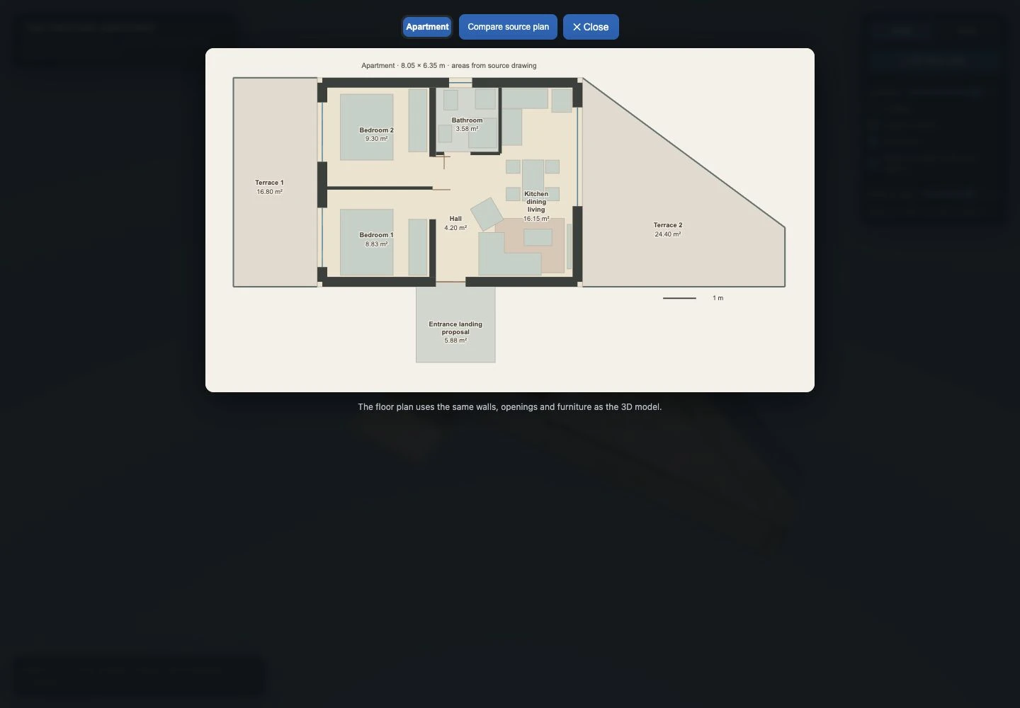 English 2D floor-plan view generated from the same apartment geometry as the 3D model