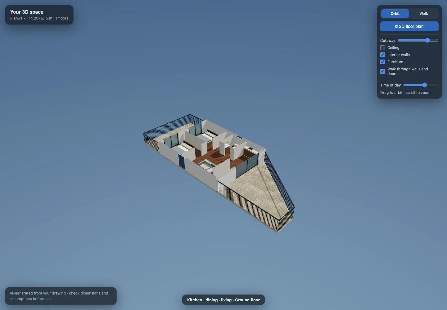 Actual AI-generated apartment model produced from a floor-plan photograph by the deployed Planwalk backend