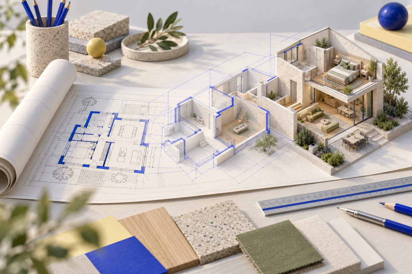 Conceptual illustration of a CAD floor plan becoming a cutaway house model