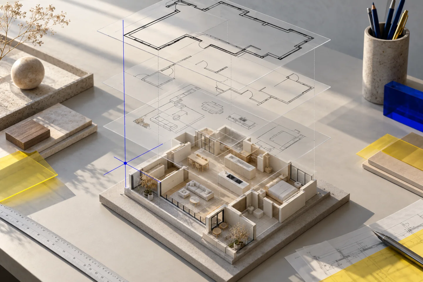 Conceptual layered CAD linework aligned over a physical apartment model