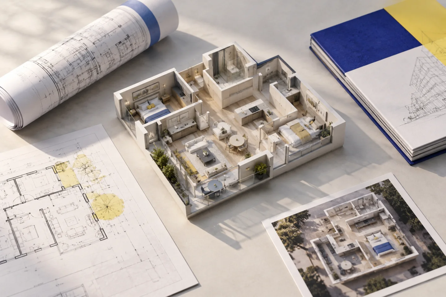 Conceptual CAD plot, photograph and drawing booklet surrounding an apartment model
