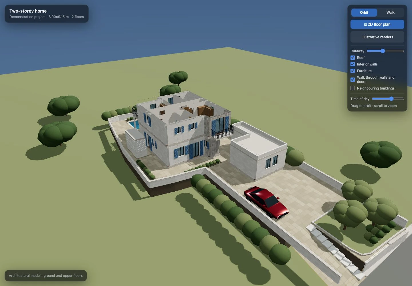 Cutaway view of the Planwalk two-storey house demonstration with its outdoor spaces