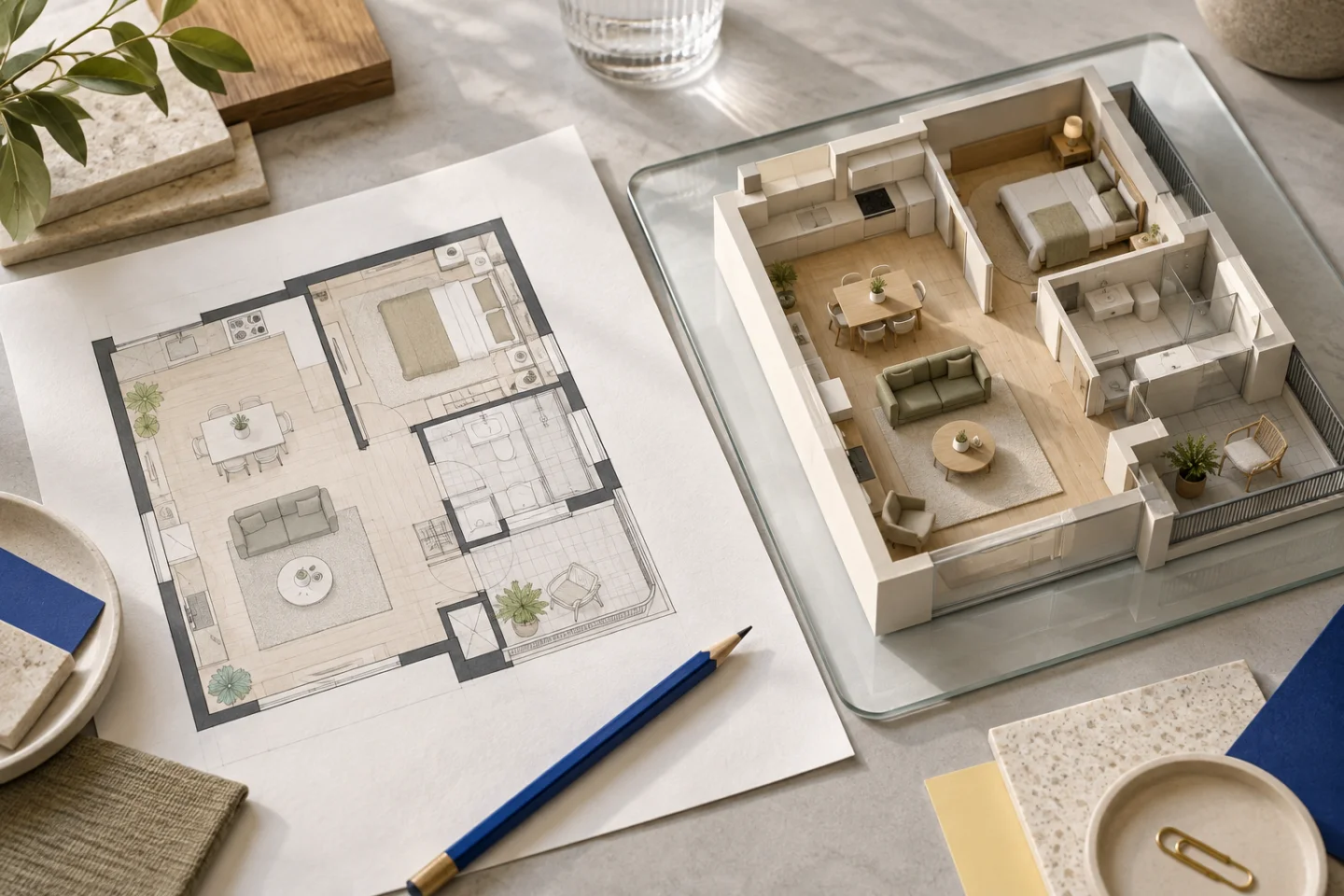 Conceptual floor-plan photograph beside a physical cutaway apartment model
