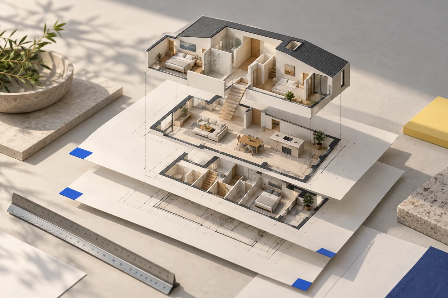 Conceptual architectural sheets separating into aligned floors of a cutaway home