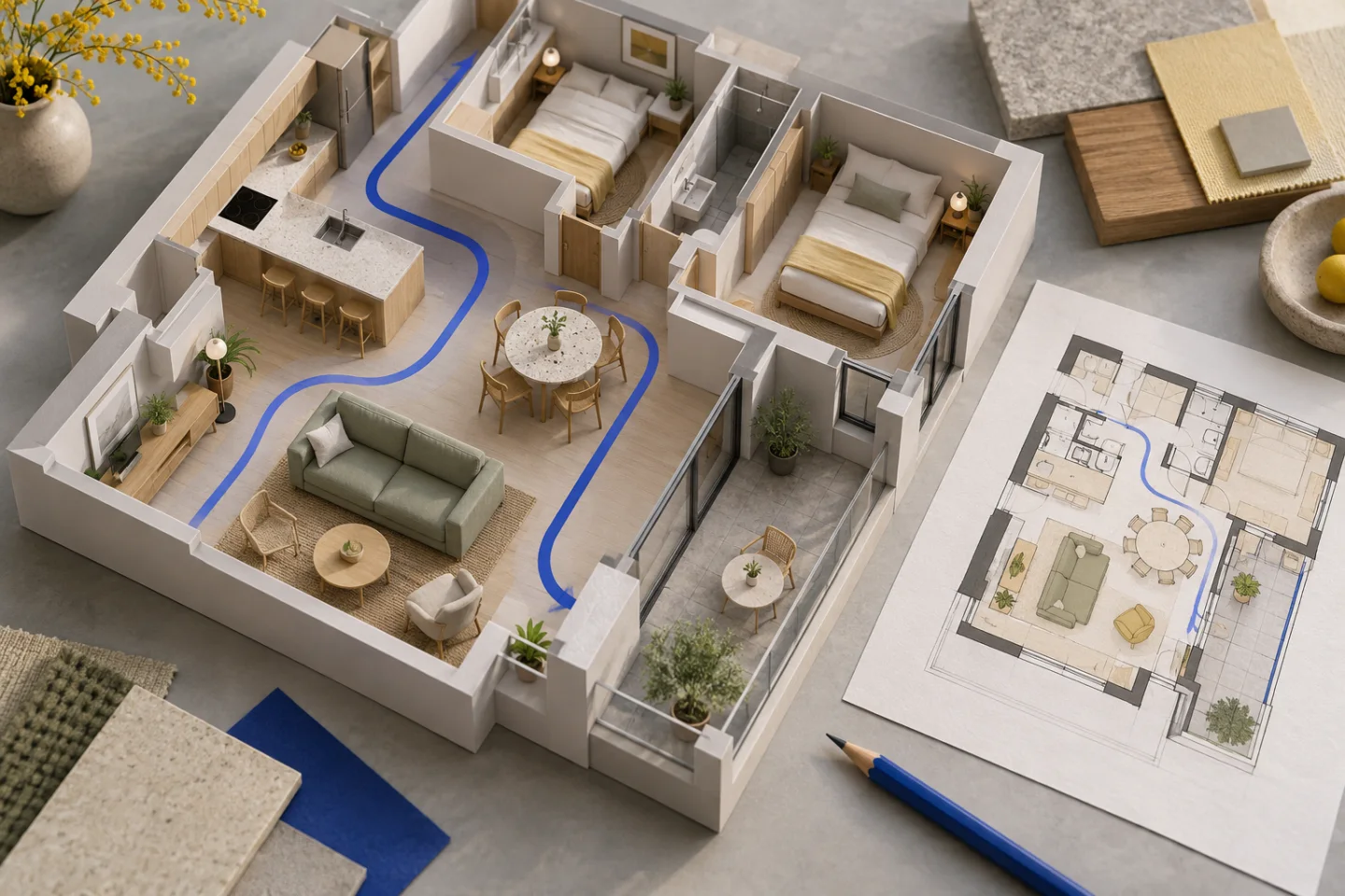 Conceptual compact apartment model with a clear circulation route through kitchen and living space