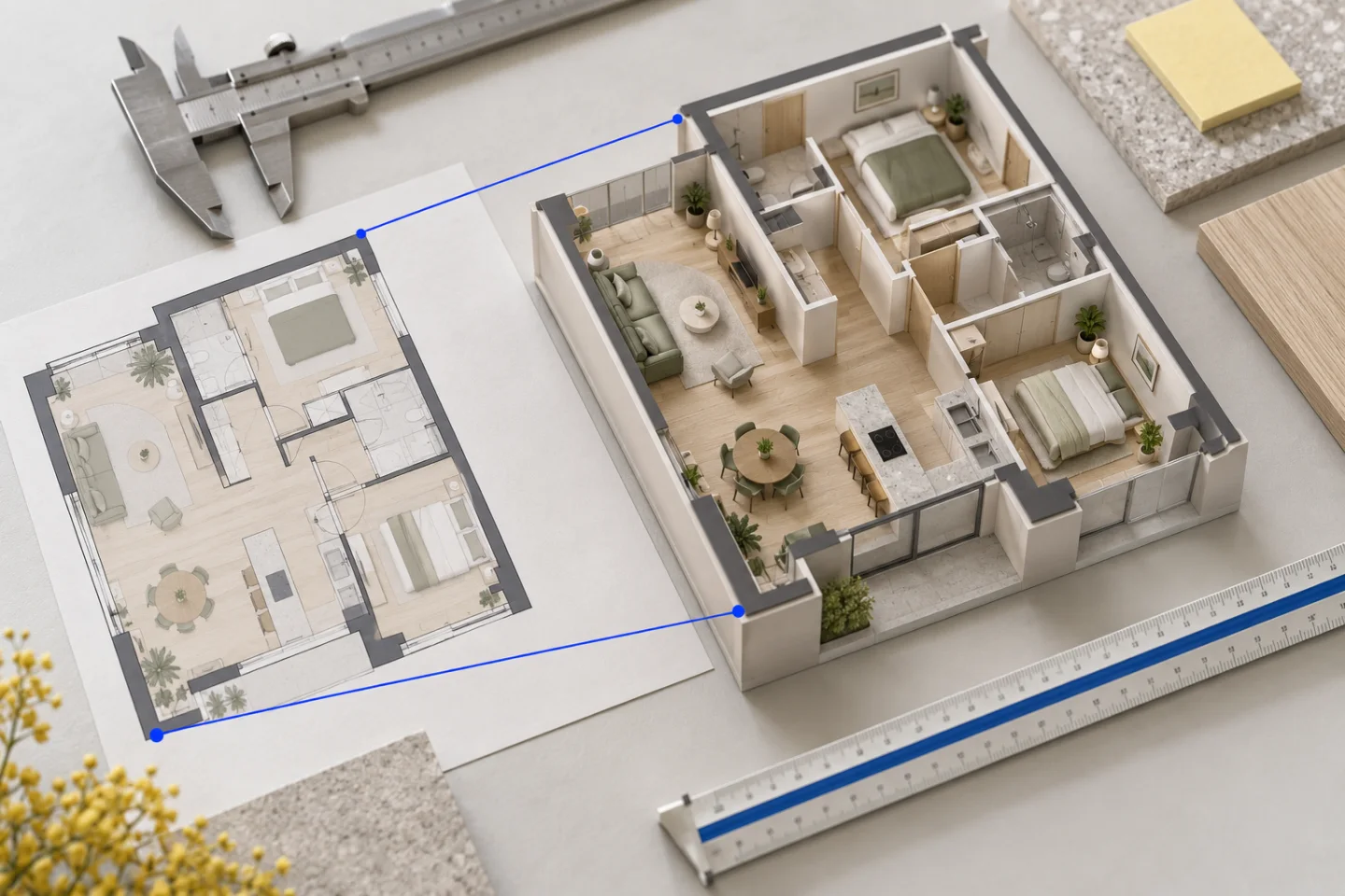 Conceptual scale ruler connecting measured corners of a plan and apartment model