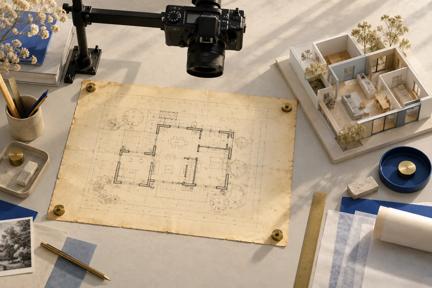 Conceptual overhead camera photographing an old paper floor plan beside a house model